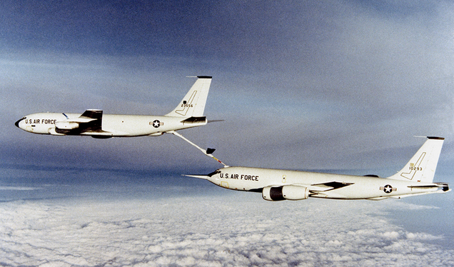 Passing the torch—and some fuel. During a test flight, a KC-135A Stratotanker refuels the prototype KC-135R, fitted with new high-bypass turbofan engines, in 1982 (US Air Force)